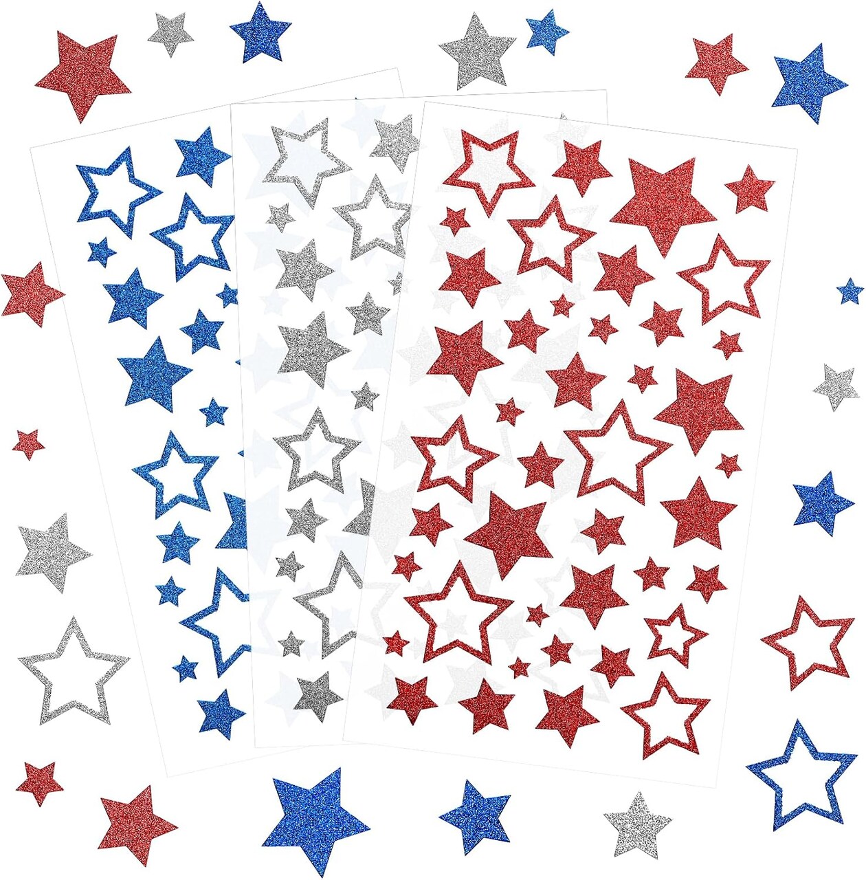 Patriotic Star Stickers, 9 Sheets Glitter Red Blue Sliver Star Stickers